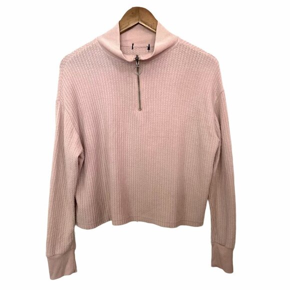 Pink Thermal Waffle Knit Women's Y2K O Ring 1/2 Zip Cropped Sweater Size Small - Picture 1 of 6